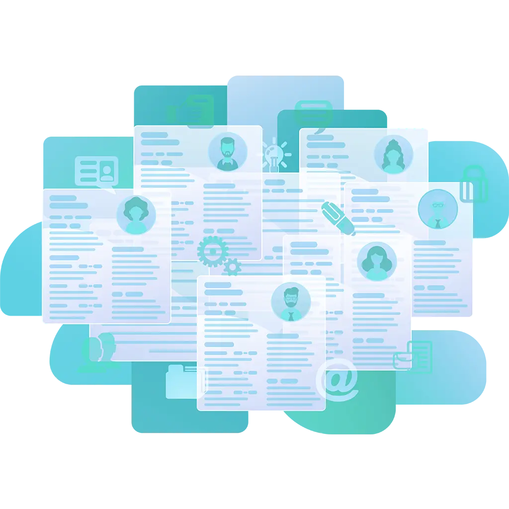 Stack of resumes with profile icons in turquoise color scheme