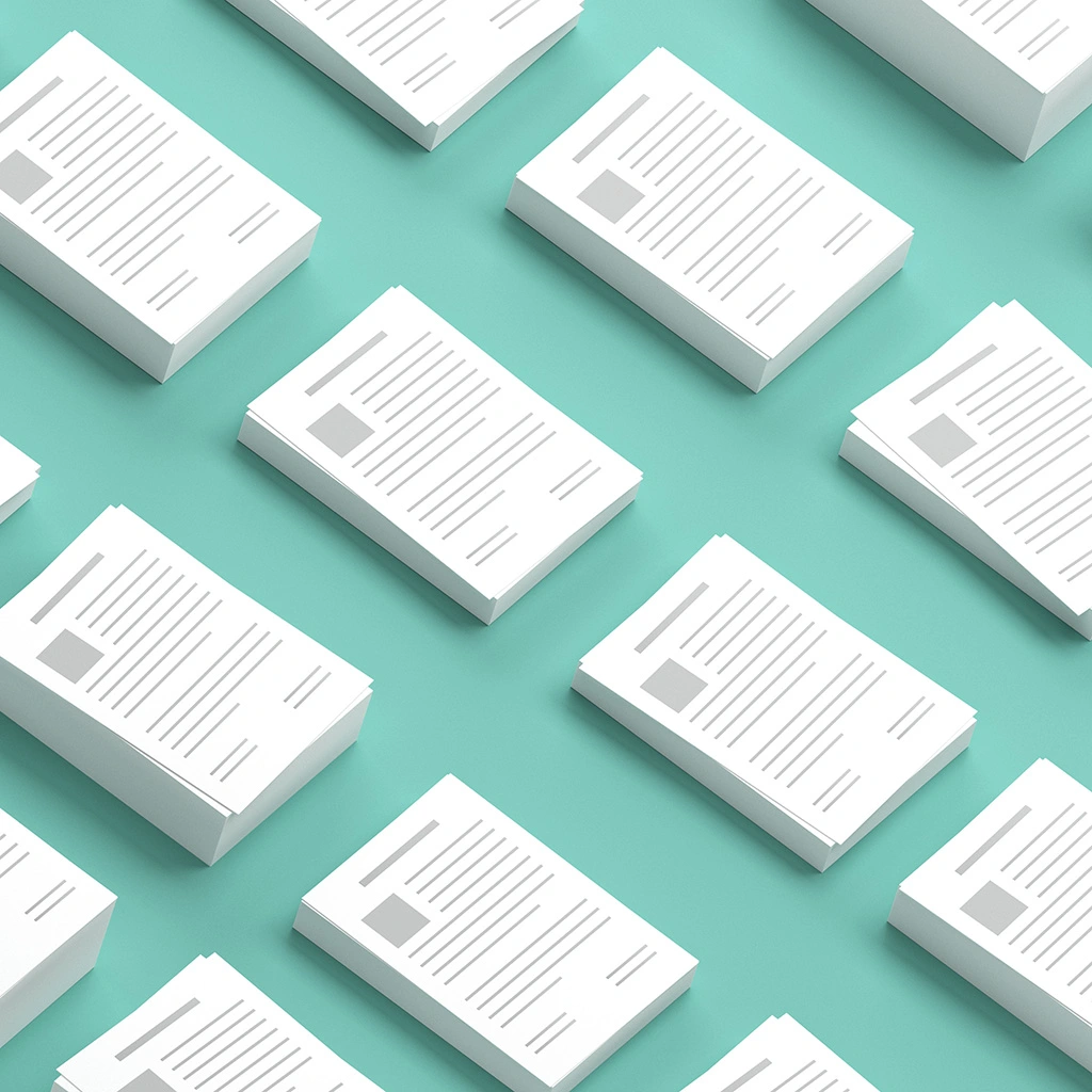 Isometric pattern of white resume documents on turquoise background